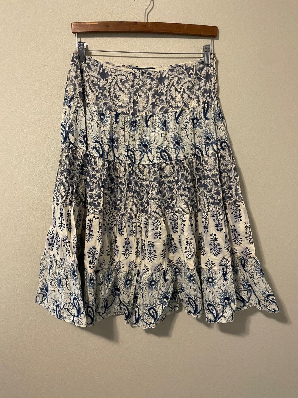 Ralph Lauren Skirt Womens 10P Blue Floral Cotton Tiered Peasant Boho Maxi Fairy
